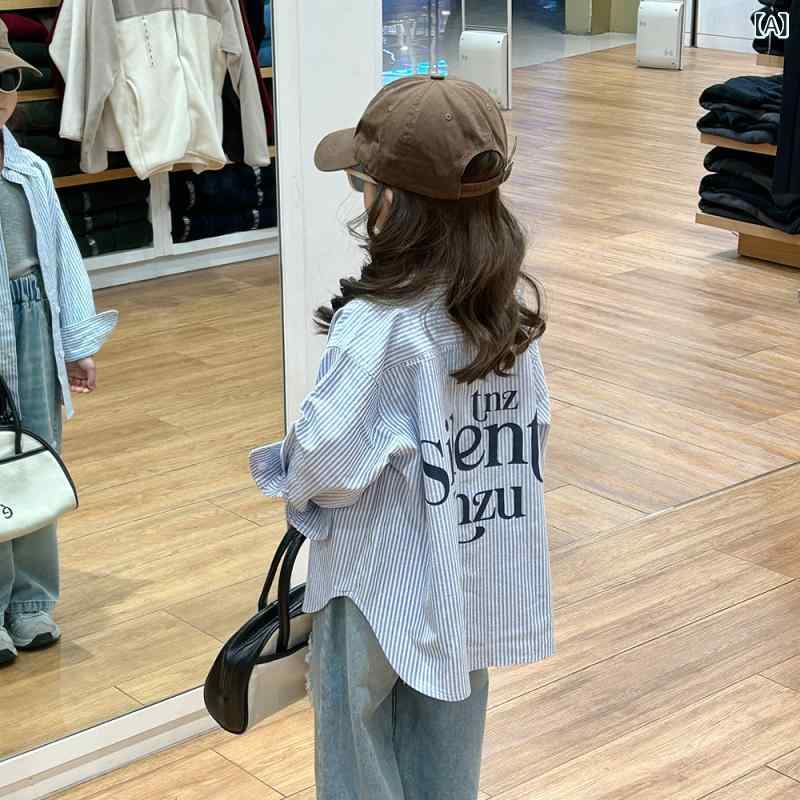 シャツ キッズ 女の子 ストライプ コットン 襟付き 春物 長袖 トップス アルファベ...