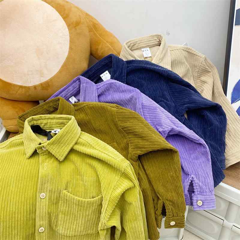 シャツ キッズ 長袖 コーデュロイ 男の子 女の子 男女兼用 トップス 韓国風 春秋 ベージュ ブラウン ブルー イエロー パープル
