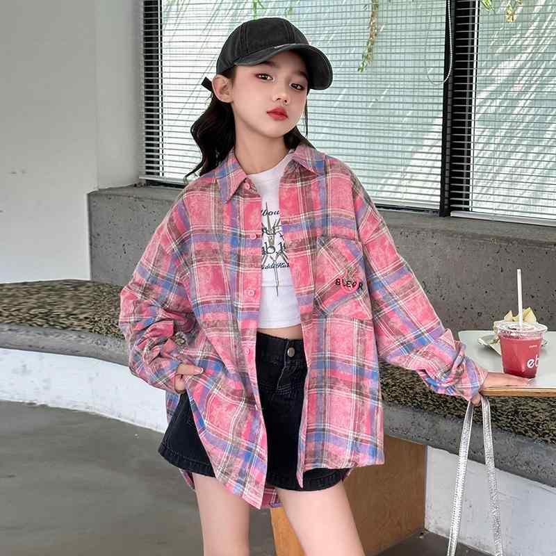シャツ ガールズ 子供服 女の子 チェック柄 トップス 春秋 長袖 ゆったり かわいい おしゃれ コットン