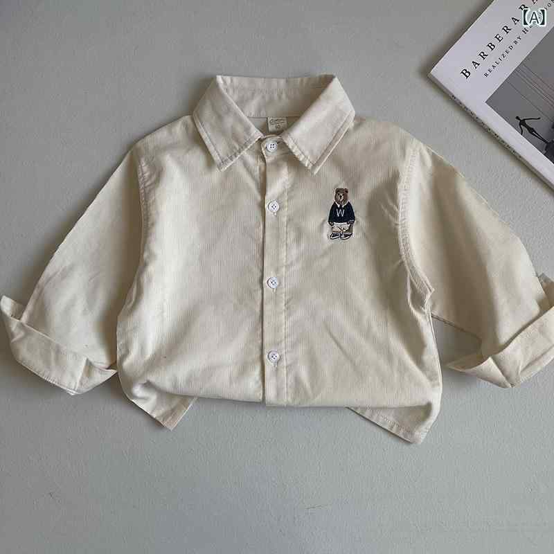 シャツ キッズ コーデュロイ 刺繍 小熊 春秋 男女兼用 長袖 子供服 トップス 米白 紺 ピンク