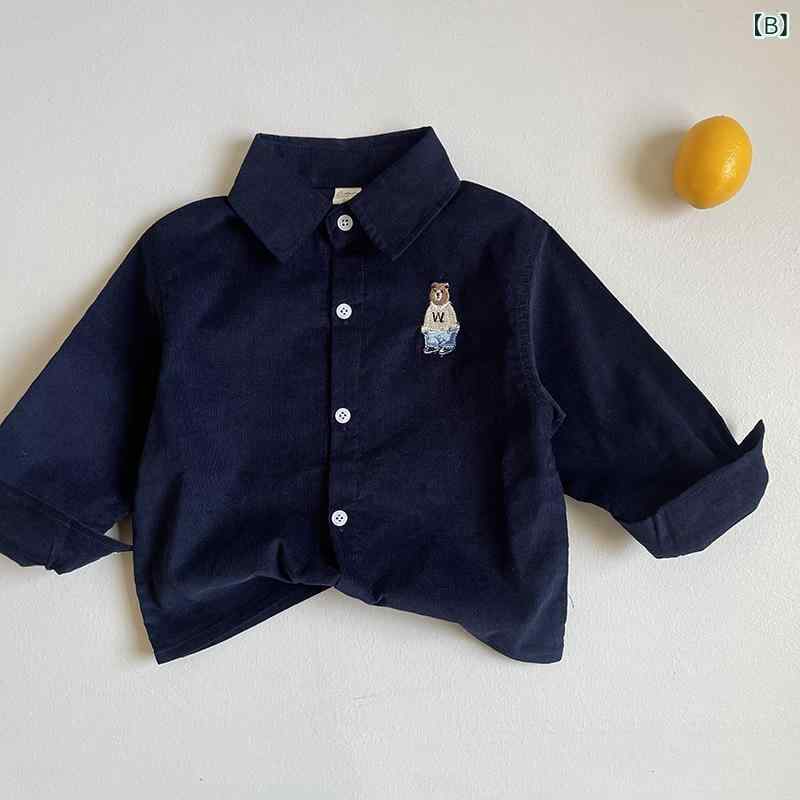 シャツ キッズ コーデュロイ 刺繍 小熊 春秋 男女兼用 長袖 子供服 トップス 米白 紺 ピンク