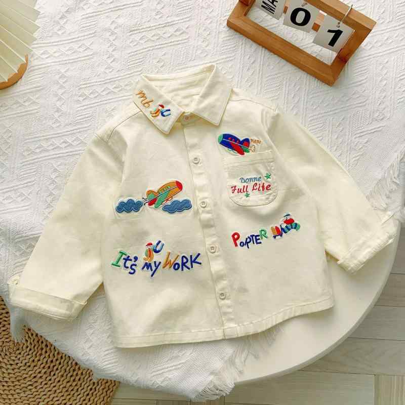 シャツ キッズ 長袖 刺繍 小熊 ベア 飛行機 綿100% 男の子 子供服 トップス 米ベージュ 80 90 100 110 ..