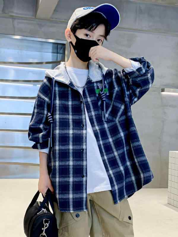 子供服 男の子用 長袖シャツ 春秋 コットン 格子柄 カジュアル トップス 120cm 130cm 140cm 150cm 160cm 170cm 藏青