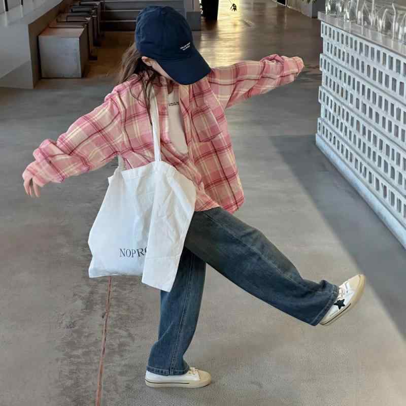 シャツ ガールズ 子供服 長袖 格子柄 コットン 襟付き ピンク系 春秋 ゆったり か...