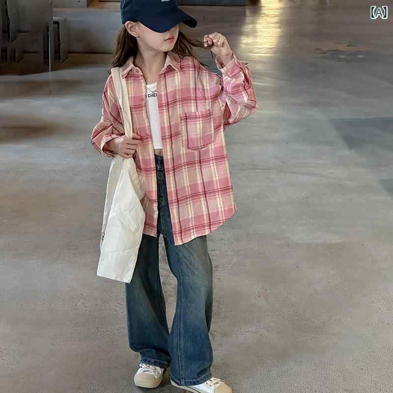 シャツ ガールズ 子供服 長袖 格子柄 コットン 襟付き ピンク系 春秋 ゆったり か...