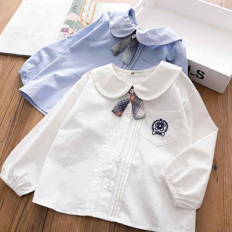 シャツ ガールズ キッズ 長袖 ブラウス 子供服 JK 制服風 トップス 白 ブルー 春秋 綿100% 学院風 発表..