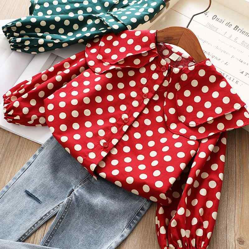 シャツ ガールズ 子供服 春夏 波点柄 丸襟 長袖 ブラウス かわいい 110 120 130 140 150 160 レッド系