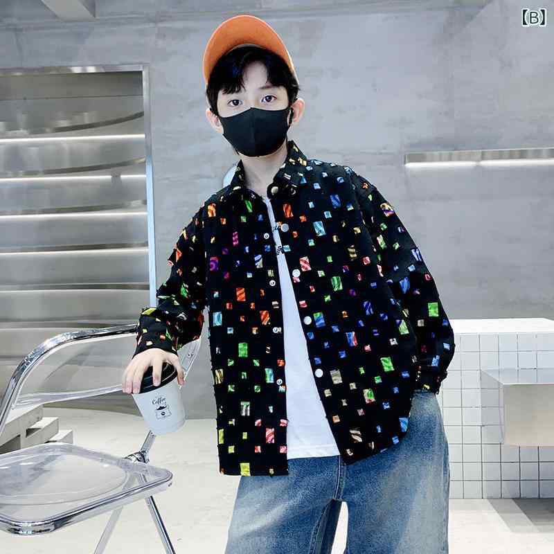 シャツ キッズ 男の子 秋物 長袖 トップス 子供服 アウター 大童 ボーイズ 襟付き コットン ポリエステル 切り替え ブラック ホワイト 120cm 130cm 140cm 150cm 160cm 170cm