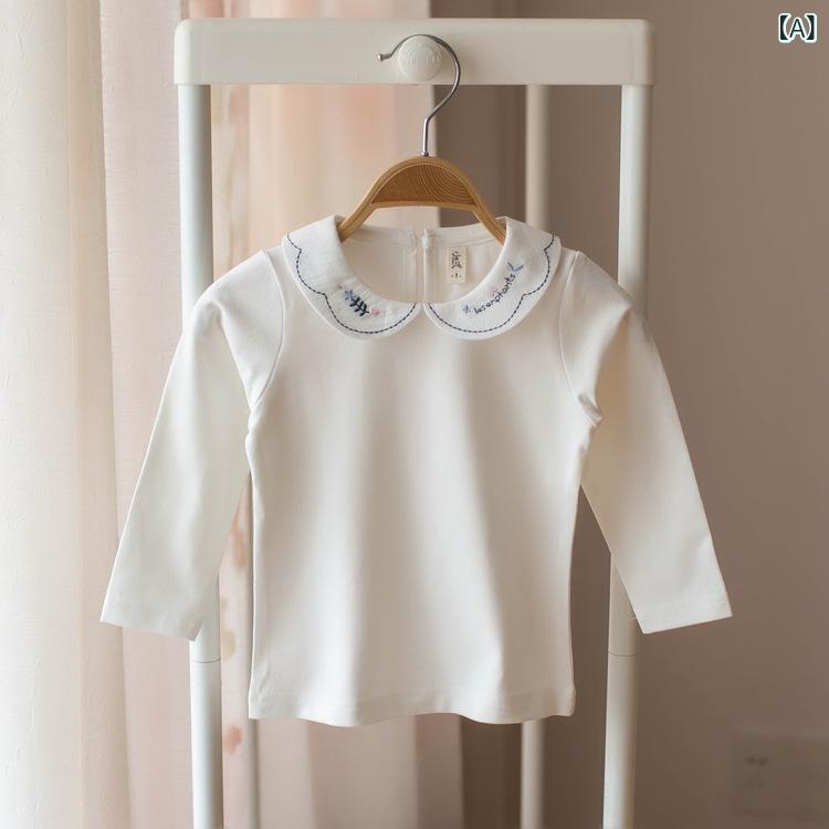 Tシャツ ガールズ 子供服 長袖 トップス 春秋 女の子 女児 インナー 白襟 刺繍 無地 かわいい コットン 綿 ホワイト ピンク系 80 90 100cm