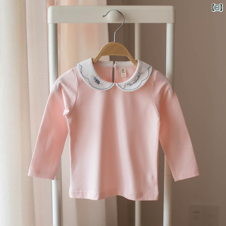 Tシャツ ガールズ 子供服 長袖 トップス 春秋 女の子 女児 インナー 白襟 刺繍 無地 かわいい コットン 綿 ホワイト ピンク系 80 90 100cm