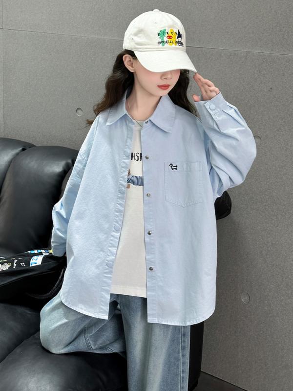 ・カテゴリ: シャツ・対象: 女の子・対象年齢: 8歳以上・スタイル: 韓国風・ネックライン: 襟付き・袖丈: 長袖・柄: キャラクター・素材: 綿・主な素材: 綿85%・色: ブルーシャツ、イエローシャツ、犬柄インナー、ジーンズ・サイズ: 120cm、130cm、140cm、150cm、160cm、170cm