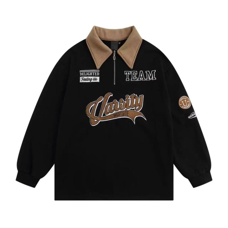 ポロシャツ メンズ 長袖 トップス 秋服 レトロ アルファベット柄 ゆったり ハーフジップ 普段使い ポリエステル 黒 ブラック系