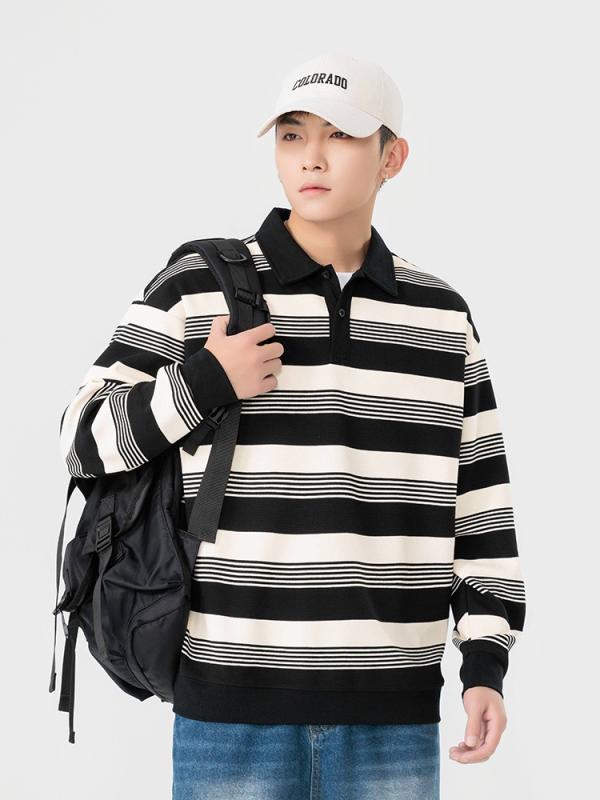 ポロシャツ メンズ 長袖 ストライプ 襟付き スウェットシャツ カジュアル トップス 秋冬 普段使い 部屋..