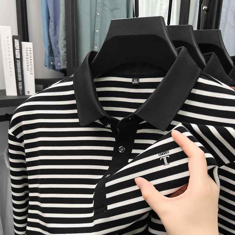 ポロシャツ メンズ 春秋用 ストライプ柄 長袖 コットン混紡 ミドルエイジ 紳士服 トップス カジュアル 通勤着 デイリーウェア
