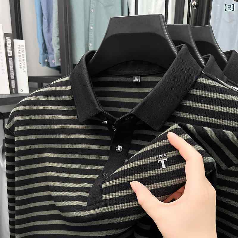 ポロシャツ メンズ 春秋用 ストライプ柄 長袖 コットン混紡 ミドルエイジ 紳士服 トップス カジュアル 通勤着 デイリーウェア 3