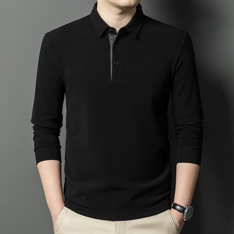 ポロシャツ メンズ 男性用 ウール 長袖 ジャカード Tシャツ 春秋 薄手 ビジネス カジュアル トップス 普段使い 部屋着 グレー グリーン系 ネイビー ブラック