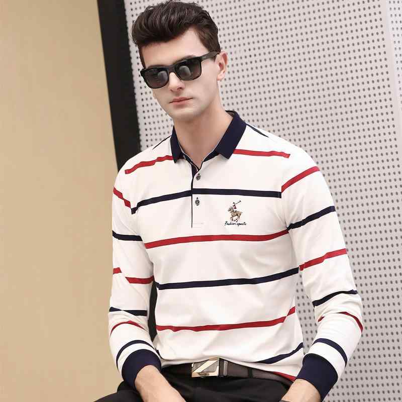 ポロシャツ メンズ 男性用 長袖 コットン混紡 ストライプ柄 刺繡入り ビジネス カジュアル トップス 白/黄色 M/L/XL/2XL/3XL/4XLサイズ 春秋 透气 免烫