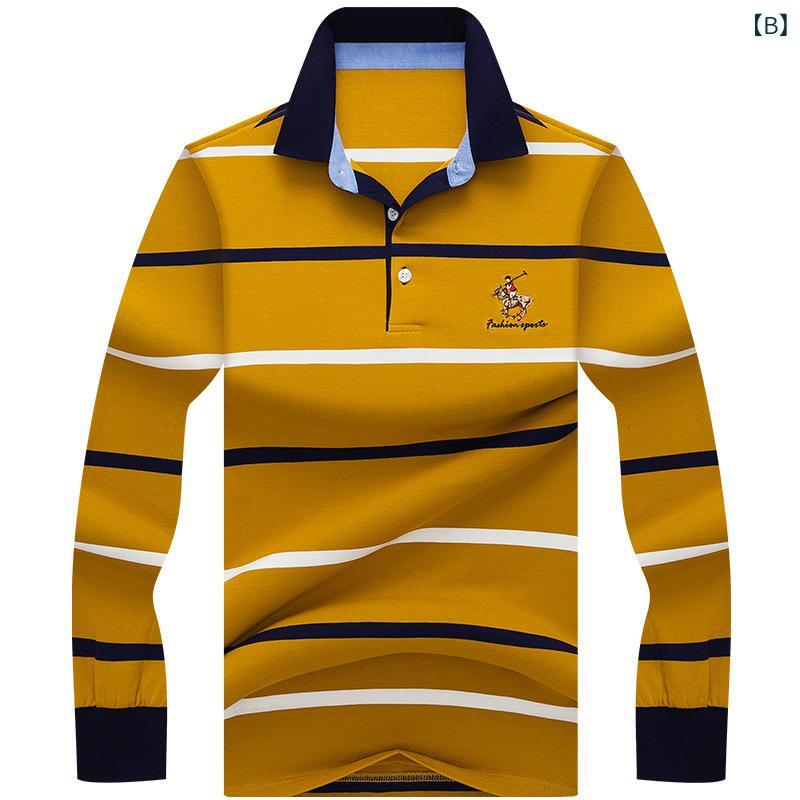 ポロシャツ メンズ 男性用 長袖 コットン混紡 ストライプ柄 刺繡入り ビジネス カジュアル トップス 白/黄色 M/L/XL/2XL/3XL/4XLサイズ 春秋 透气 免烫