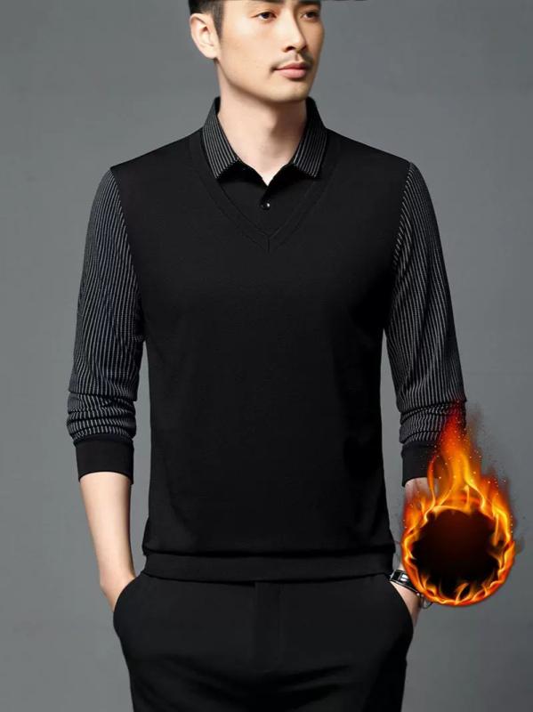 ポロシャツ メンズ 長袖 裏起毛 ストライプ柄 秋冬 厚手 暖かい ゆったり ポリエステル トップス カジュアル