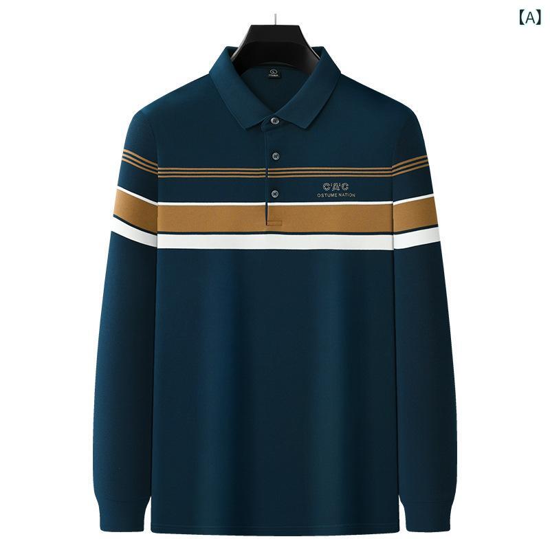 ポロシャツ メンズ 男性用 ストライプ柄 長袖 コットン混紡 ビジネス カジュアル 春秋 普段使い 40代 50代