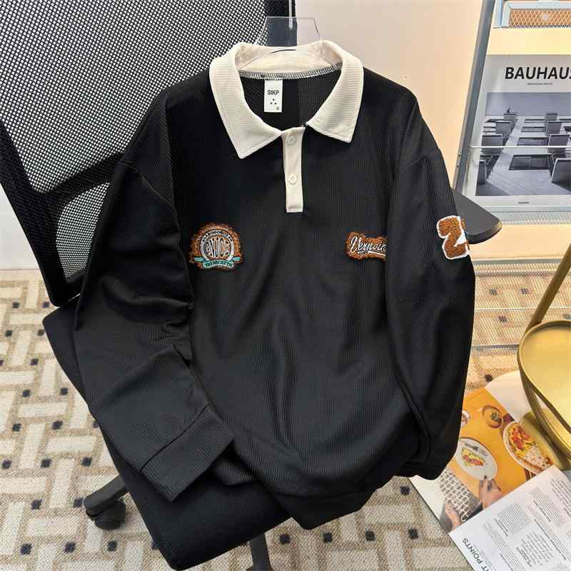 ポロシャツ 男性用 レトロ風 ワッフル 長袖 スウェットシャツ ストリート系 ゆったりサイズ カジュアル カップル向け トップス ポリエステル 無地 春夏