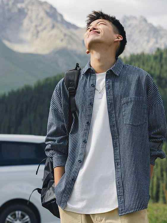 シャツ メンズ 長袖 ストライプ デニム コットン ウォッシュ加工 カジュアル 港風 ルーズ 翻領 ブルー M L XL XXL