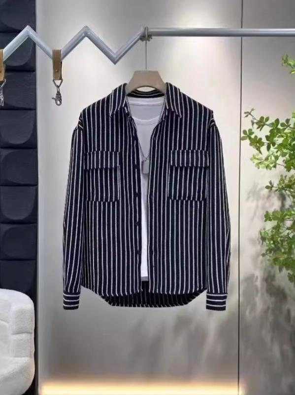 シャツ メンズ 長袖 ポリエステル ストライプ トップス 韓国風 配色 普段使い カジュアル ブラック ホワイト