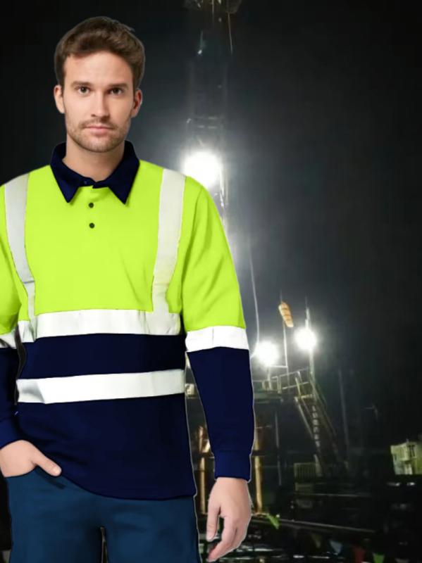 ポロシャツ メンズ 男性用 長袖 道路工事 鉱山 作業服 安全服 反射 吸汗速乾 薄手 ポリエステル 蛍光色 オレンジ ネイビー 春夏