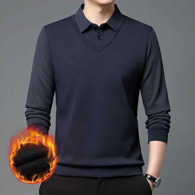 ポロシャツ メンズ 男性用 長袖 裏起毛 ストライプ柄 トップス シニア 紳士服 秋冬 あったか 暖か ポリエステル 普段着
