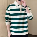 ポロシャツ メンズ 長袖 ストライプ ポリエステル 襟付き カットソー トップス スポーティー カジュアル 黒 ブラック 緑 グリーン 春秋