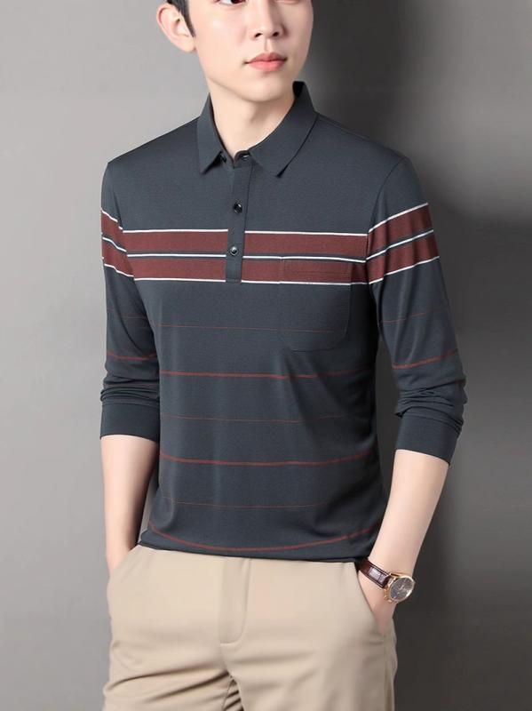 ポロシャツ メンズ 長袖 ストライプ柄 薄手 襟付き カジュアル トップス 紳士 シニア向け 春秋 リラックス おしゃれ グレー系