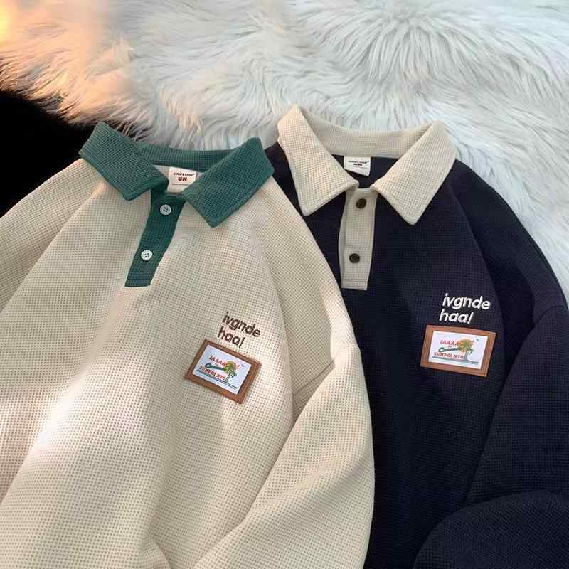 ポロシャツ 男性用 Vネック 長袖 ワッフル生地 プリント 美式 レトロ トレーナー 春秋 杏色 紺色 ポリエステル