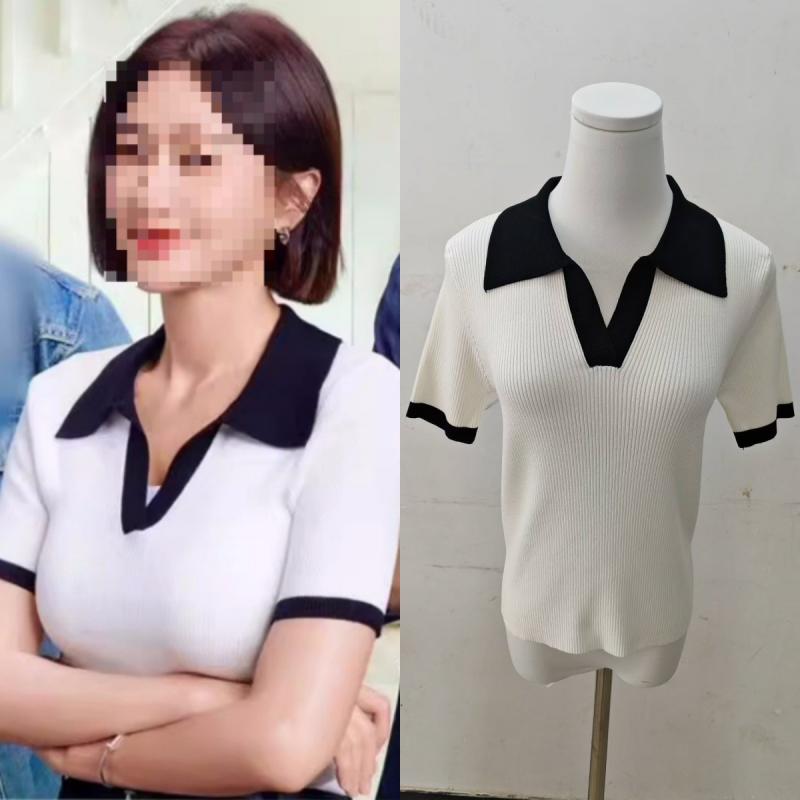 ニット レディース トップス 春夏 レトロ 配色 POLOネック 接触冷感 伸縮性 プルオーバー カットソー 半袖 超長袖 通勤