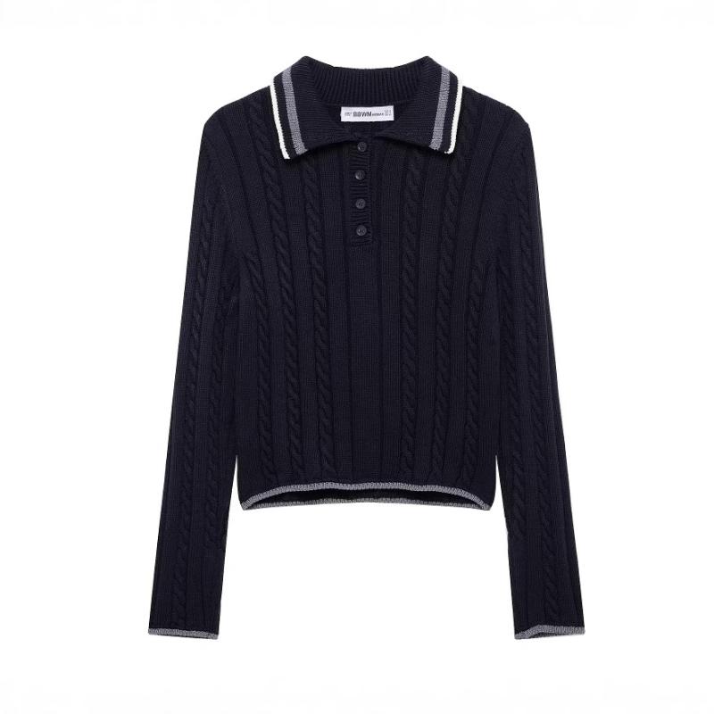 ニット レディース 襟付き 長袖 春物 ポリエステル トップス 配色 欧米風 ストリート カジュアル スタイル ブラック 黒