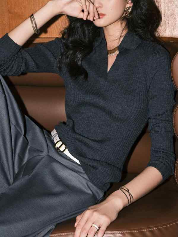 ニット レディース トップス 長袖 POLO襟 洗える ドイツ産ウール混紡 リブ編み プルオーバー 秋冬 グレ..