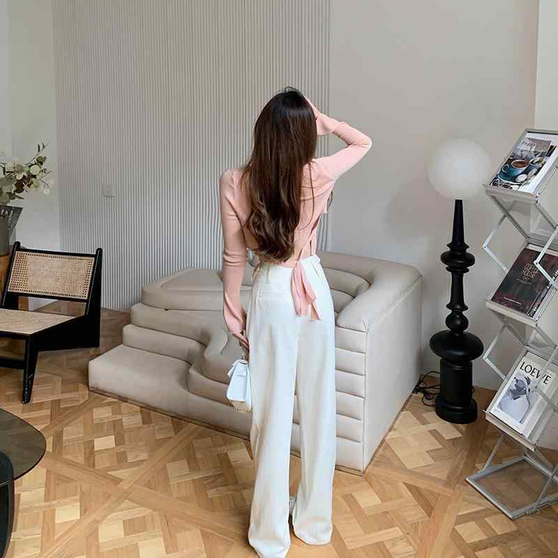 ニット レディース 春夏 長袖 ポロネック 喇叭袖 カーディガン トップス ポリエステル 無地 プルオーバー 螺纹 修身 通勤 普段使い ガーリー フェミニン かわいい 栀子粉 斑鸠灰绿 米杏