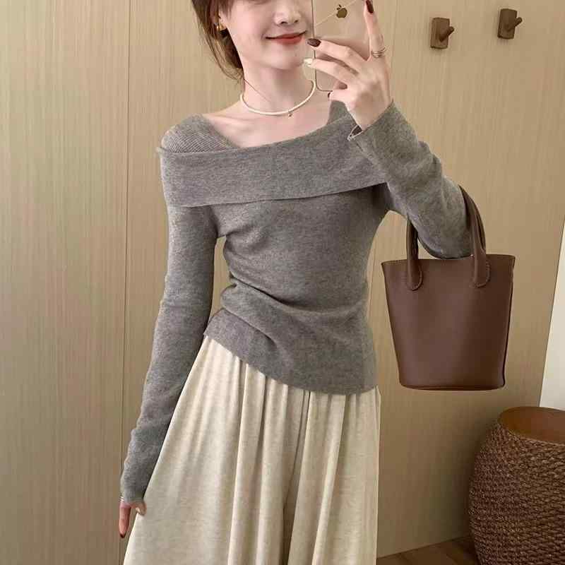 ニット レディース トップス 一字肩 長袖 プルオーバー 接触冷感 伸縮性 無地 スリムフィット 白 灰色 黒 青 深灰色