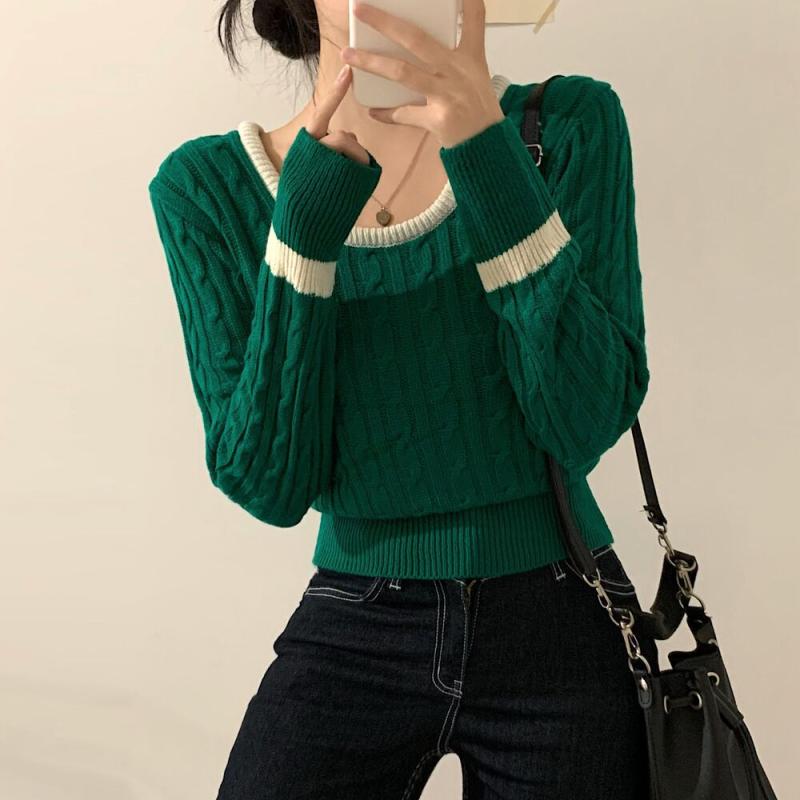 ニット レディース 日韓風 配色 切り替え 麻花編み 長袖 ショート丈 プルオーバー 撞色 クリスマス セーター トップス 秋冬 カジュアル 米白色 圣诞绿 ブラック