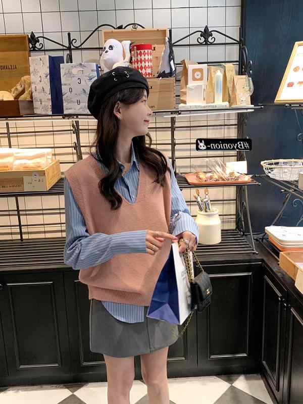 シャツ レディース 韓国風 ストライプ 長袖 トップス ブラウス 春夏 修身 ブルー 青色 ピンク系