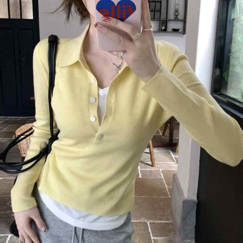 Other - ニット レディース 春 長袖 ポロ襟 トップス 韓国風 プルオーバー ショート丈 カーディガン イエロー 紺色 ブラック グレー