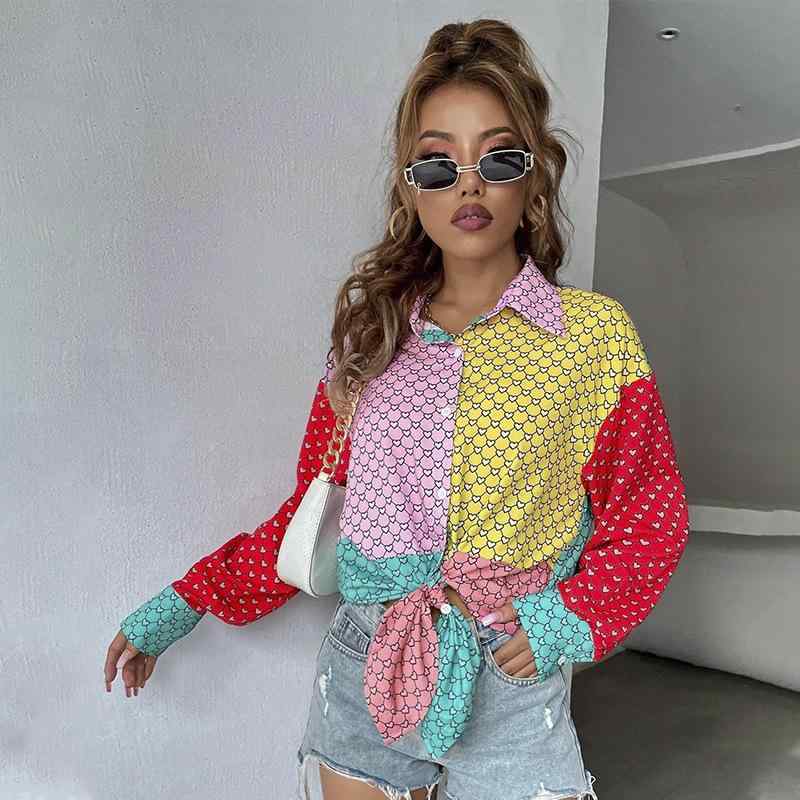 シャツ レディース トップス 長袖 プリント 桃心柄 切り替え 襟付き ゆったり 赤色 普段使い