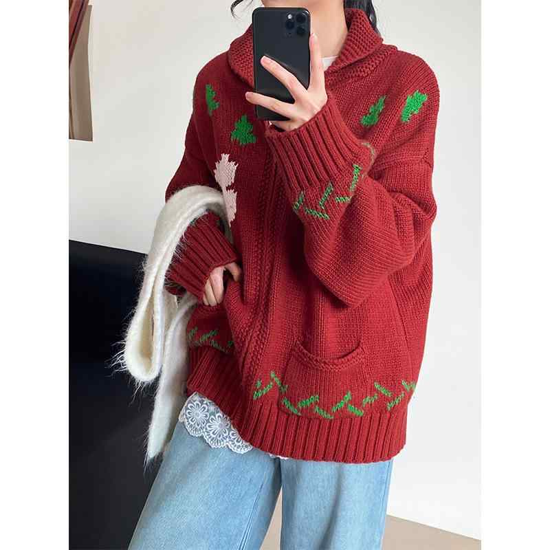 ニット カーディガン レディース 秋冬 厚手 ウール混紡 プリント柄 刺繡入り 襟付き 長袖 ミドル丈 トップス 羽織り 普段使い デート 韓国風 レッド グレー