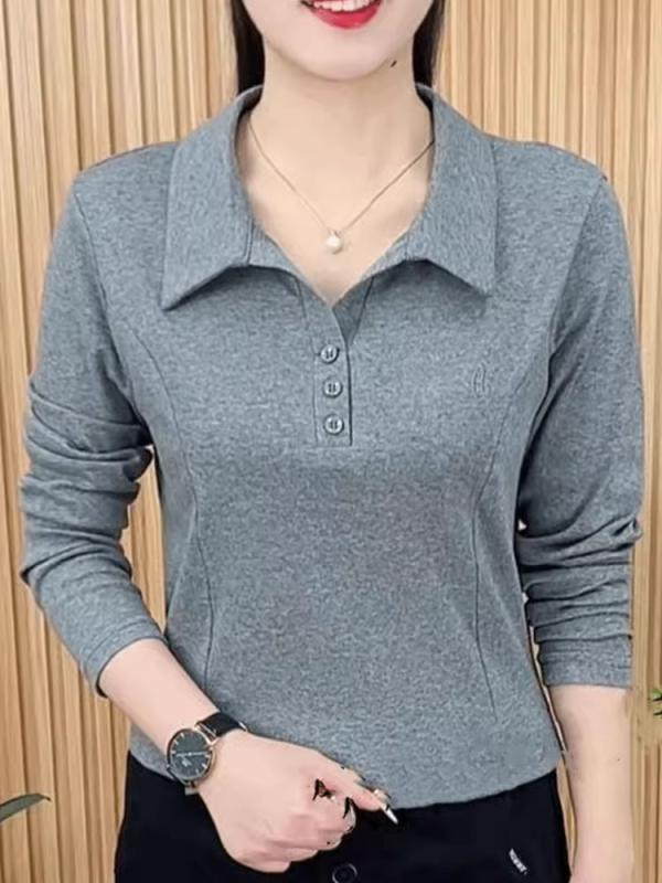 Tシャツ レディース 春秋 長袖 ポリエステル 刺繡 無地 襟付き トップス カットソー チュニック 韓国風 グレー ブラック オレンジ ピンク レッド