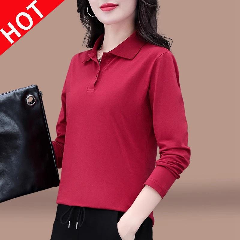 Tシャツ レディース 綿 100% 長袖 ポロ襟 トップス 春秋 大きいサイズ ゆったり 体型カバー 黒 白 グレー