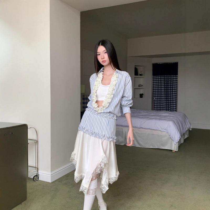 シャツ レディース ストライプ ブルー系 トップス プルオーバー 長袖 2025年 春夏 雪ニール 混紡 襟付き ポロ襟 袖コンシャス 公主袖 切り替え デザイン 御姐風 きれいめ