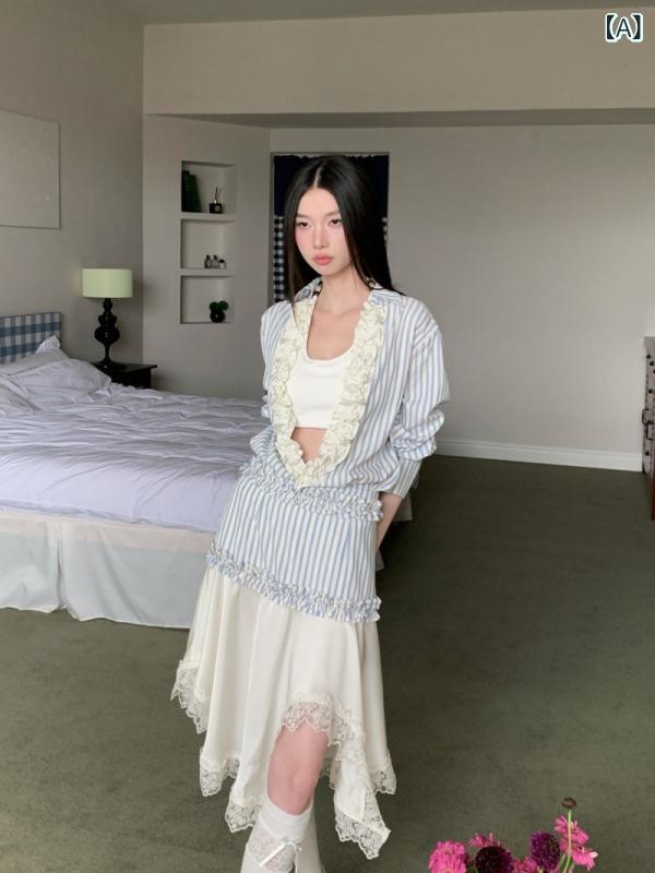 シャツ レディース ストライプ ブルー系 トップス プルオーバー 長袖 2025年 春夏 雪ニール 混紡 襟付き ポロ襟 袖コンシャス 公主袖 切り替え デザイン 御姐風 きれいめ