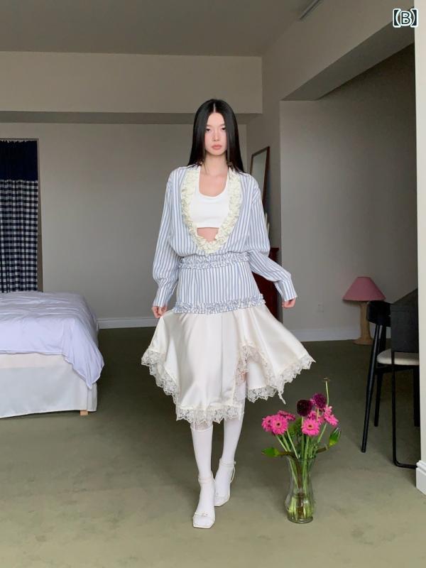 シャツ レディース ストライプ ブルー系 トップス プルオーバー 長袖 2025年 春夏 雪ニール 混紡 襟付き ポロ襟 袖コンシャス 公主袖 切り替え デザイン 御姐風 きれいめ