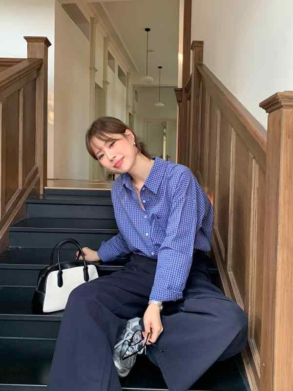 シャツ レディース 春物 韓国風 コットン 格子柄 長袖 襟付き 開襟 羽織り トップス 深青色 M Lサイズ ゆったり 日常着 普段使い