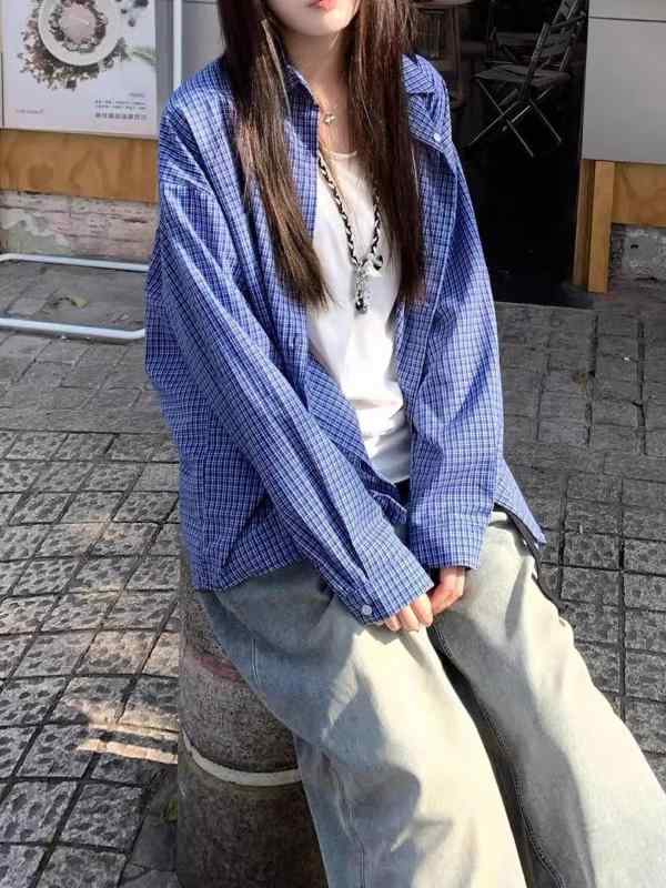 シャツ レディース 春夏秋 ブルー系 格子柄 ポリエステル 長袖 POLO襟 ゆるふわ 磨き加工 カジュアル