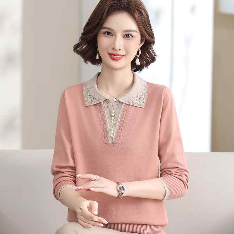 ニット セーター レディース ミセス 秋物 婦人服 長袖 翻襟 襟付き プルオーバー ゆったり 普段着 通勤着 お出かけ着 レッド系